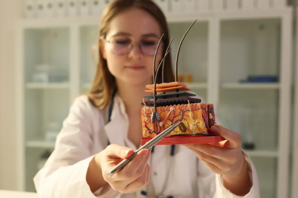 Female Doctor Showing Scalp layer model. 