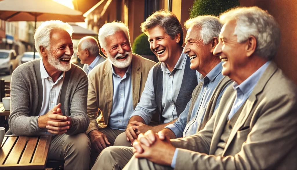 A group of elderly men with gray hair and wrinkles sit together at an outdoor café, laughing and enjoying a lively conversation. Their relaxed postures and cheerful expressions highlight the importance of companionship and social connections in aging.