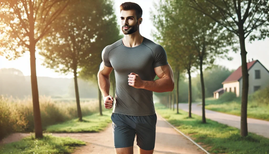 A fit man runs along a scenic path surrounded by trees and fresh air. His upright posture and confident stride symbolize vitality and optimal testosterone levels.