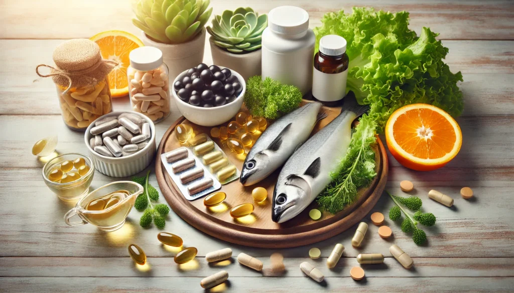 A clean and modern arrangement of supplement capsules, soft gels, fish oil, leafy greens, and citrus fruits, representing vital nutrients for men's health and longevity.