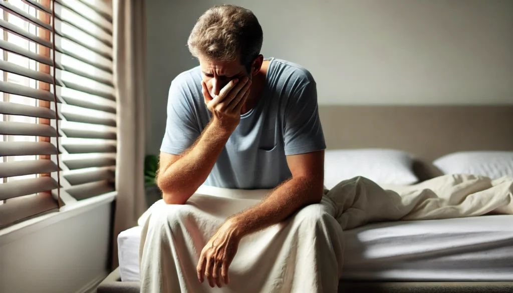 A middle-aged man sits on the edge of his bed in the morning, rubbing his face with a fatigued expression. Soft natural light filters through the window, highlighting his tired posture, symbolizing low energy as a symptom of andropause.