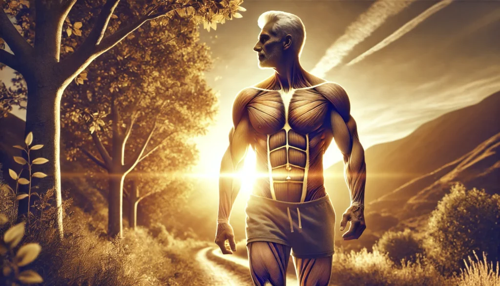 A strong, older man with a well-defined physique walks along a sunlit path in nature, embodying longevity, energy, and the role of testosterone in aging.