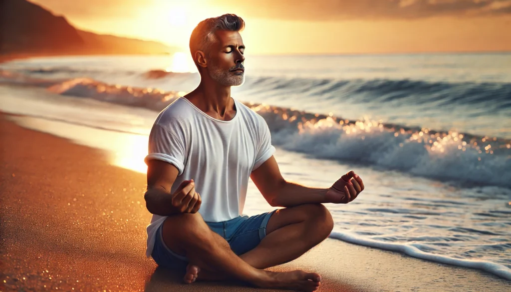 A middle-aged man sits cross-legged on a beach at sunrise, meditating with his eyes closed. The ocean waves and warm sunlight create a serene atmosphere, representing mental well-being and longevity.