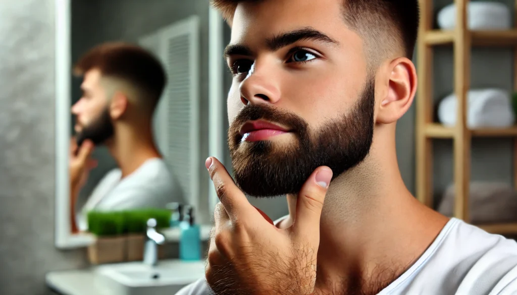 A young man with a short, neatly trimmed beard touches his chin while admiring his beard growth. His confident expression reflects satisfaction, with a well-lit modern bathroom in the background.