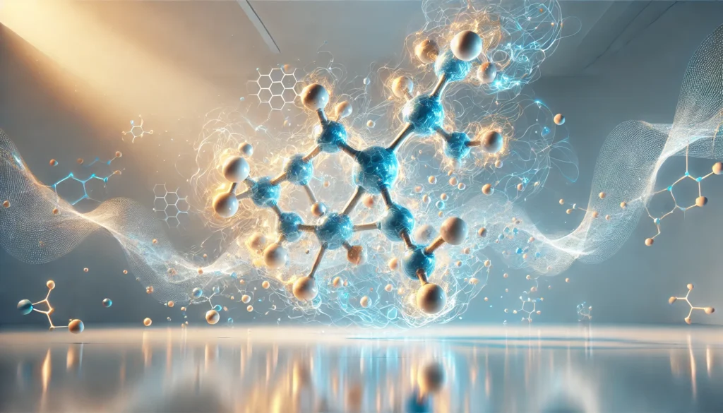 A glowing molecular structure floating in a futuristic, clean environment, symbolizing the biological energy and hormonal activity of androgens.