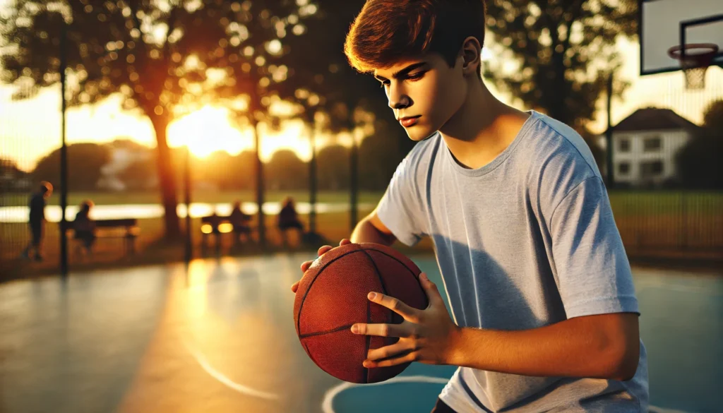 A teenage boy plays basketball alone on an outdoor court during sunset. His focused expression and active stance symbolize physical development and self-improvement, with warm golden light enhancing the scene.