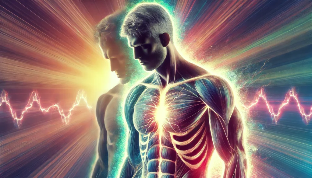 A conceptual representation of low testosterone in men, featuring a male figure with a fading energy aura, appearing fatigued and weak. The background transitions from a vibrant glow to a dull, desaturated tone, symbolizing reduced vitality, strength, and motivation.