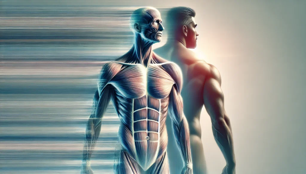 An artistic representation of muscle loss and weakness with aging, featuring a once muscular figure gradually fading into a thinner, weaker form. The background subtly transitions from a bright, energetic hue to a dim, fading light, symbolizing the loss of strength and vitality.